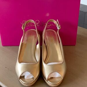 Lilly Pulitzer Gold Peep-Toe Women's Wedge Shoes